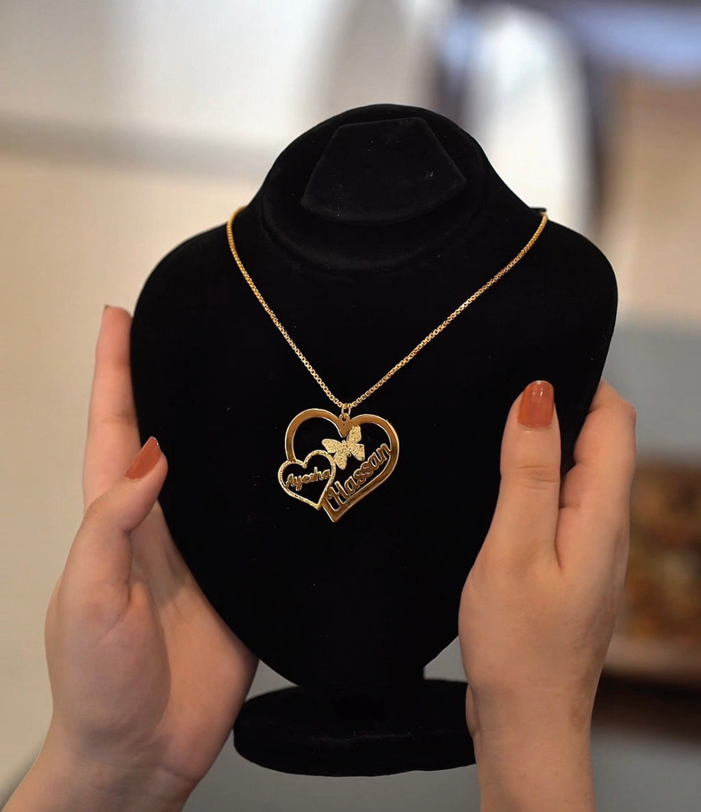 Double Heart Necklace | Butterfly Design