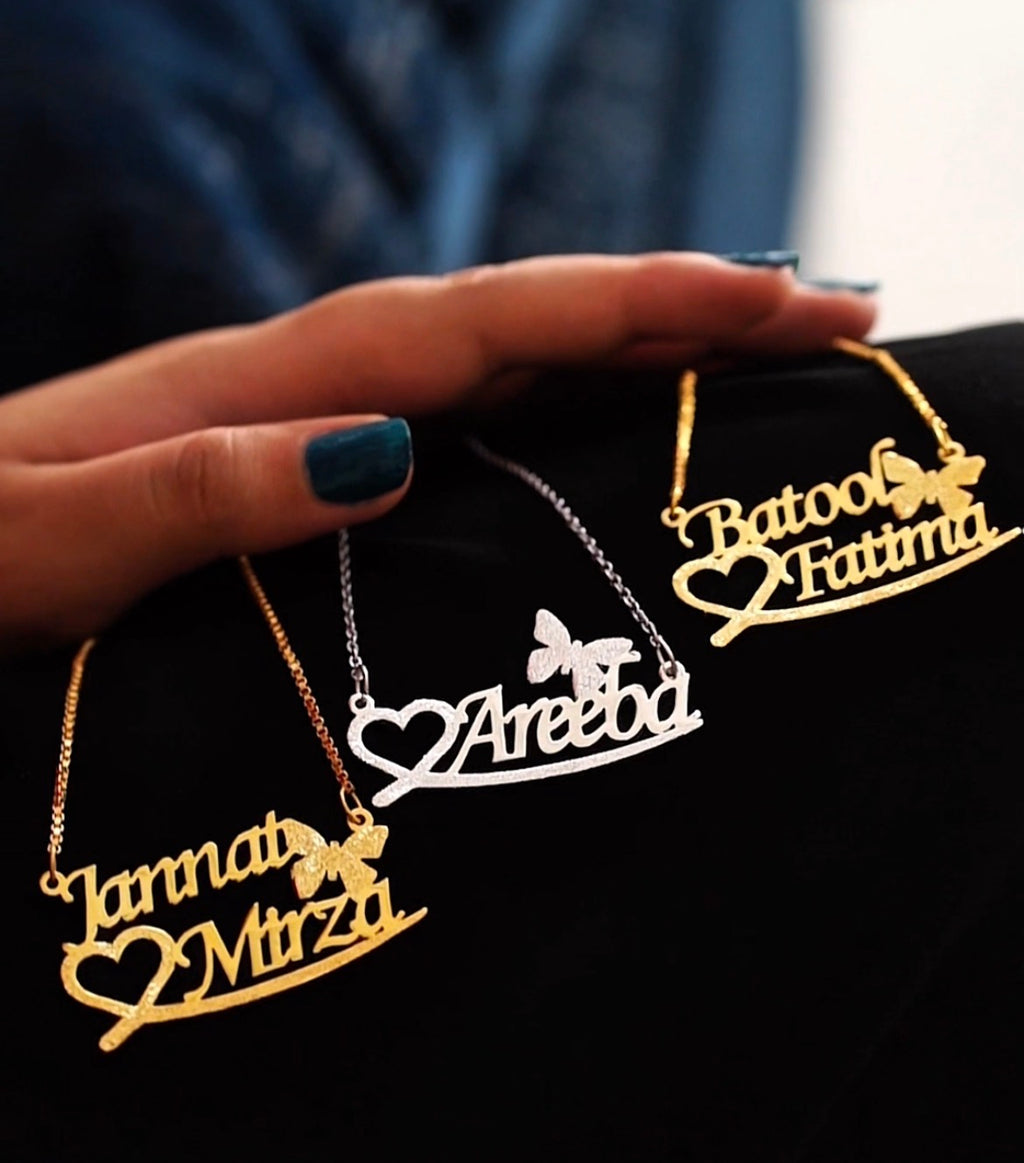 Double Name with Heart & Butterfly Necklace