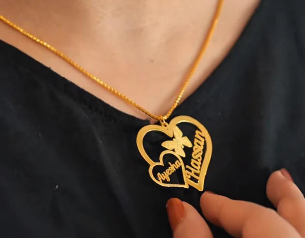 Double Heart Necklace | Butterfly Design