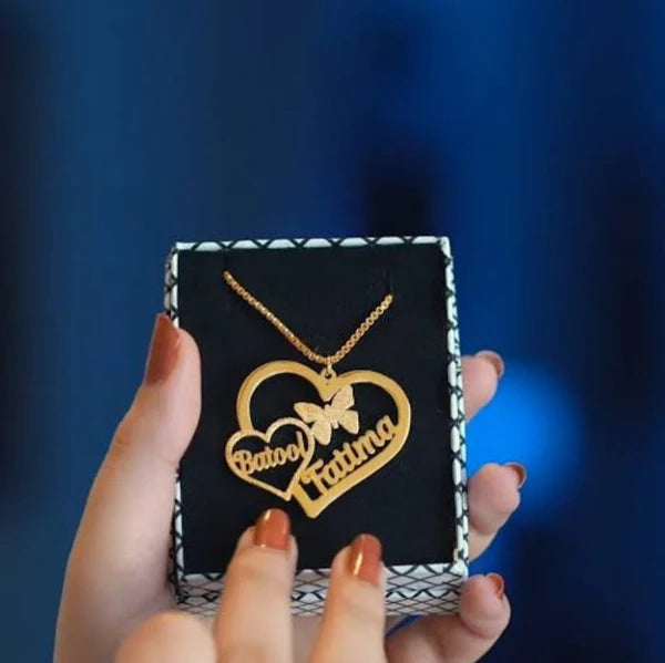 Double Heart Necklace | Butterfly Design