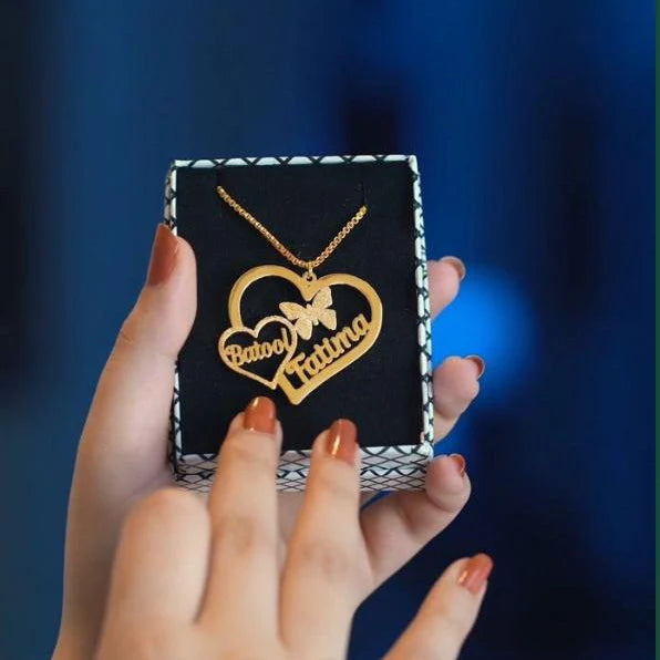 Double Heart Necklace | Butterfly Design